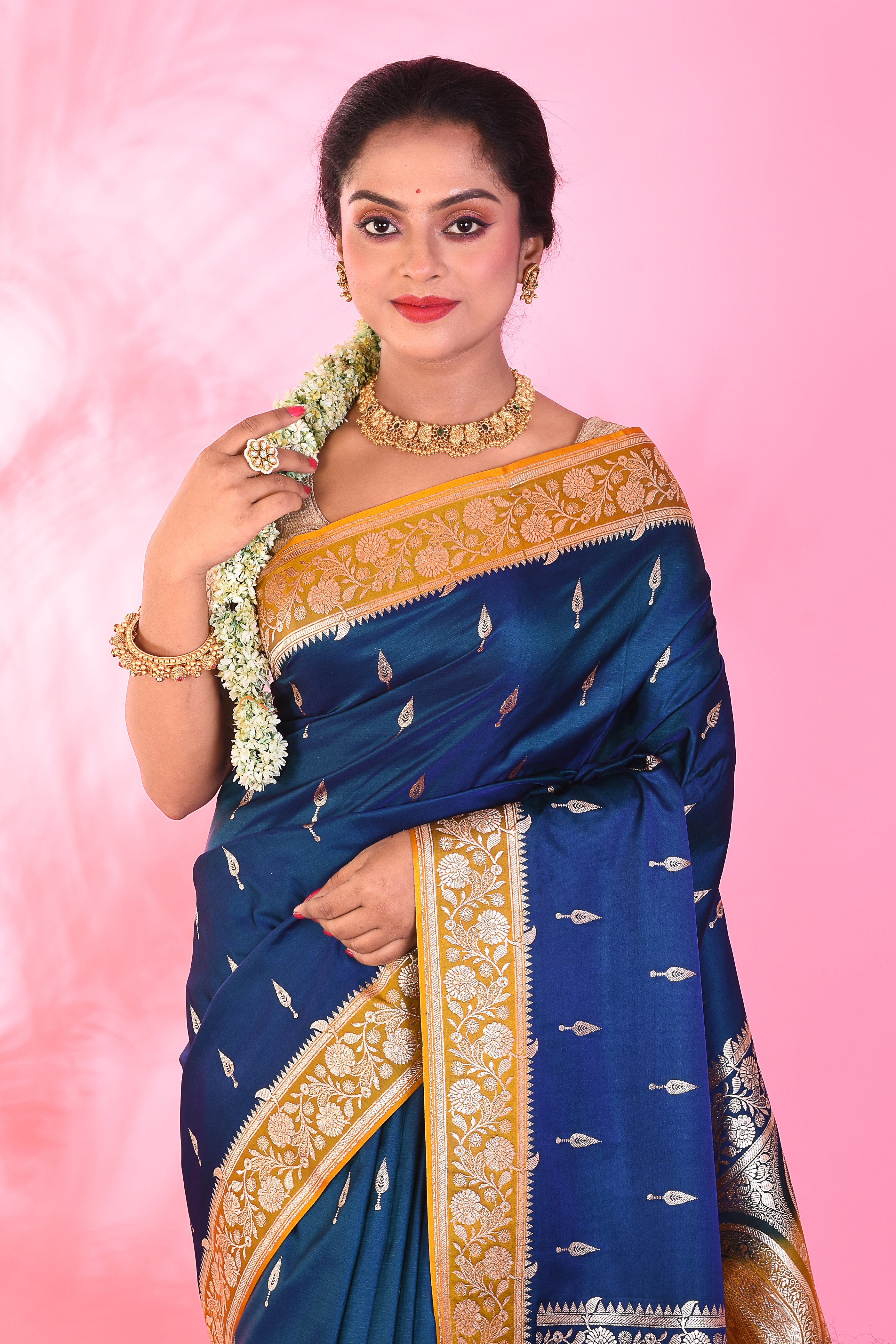 Blue and Yellow Blended Katan Saree - Keya Seth Exclusive