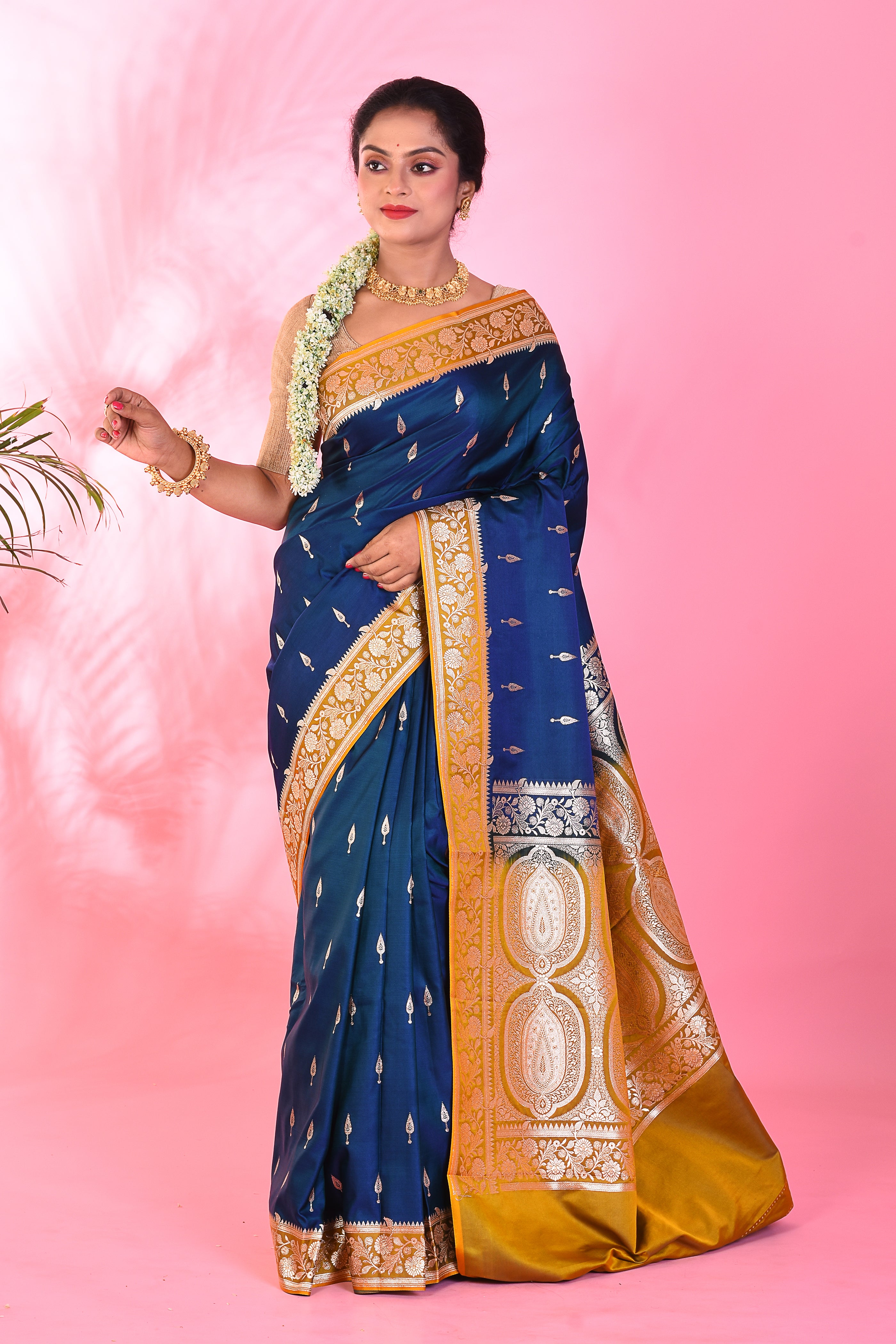 Blue and Yellow Blended Katan Saree - Keya Seth Exclusive