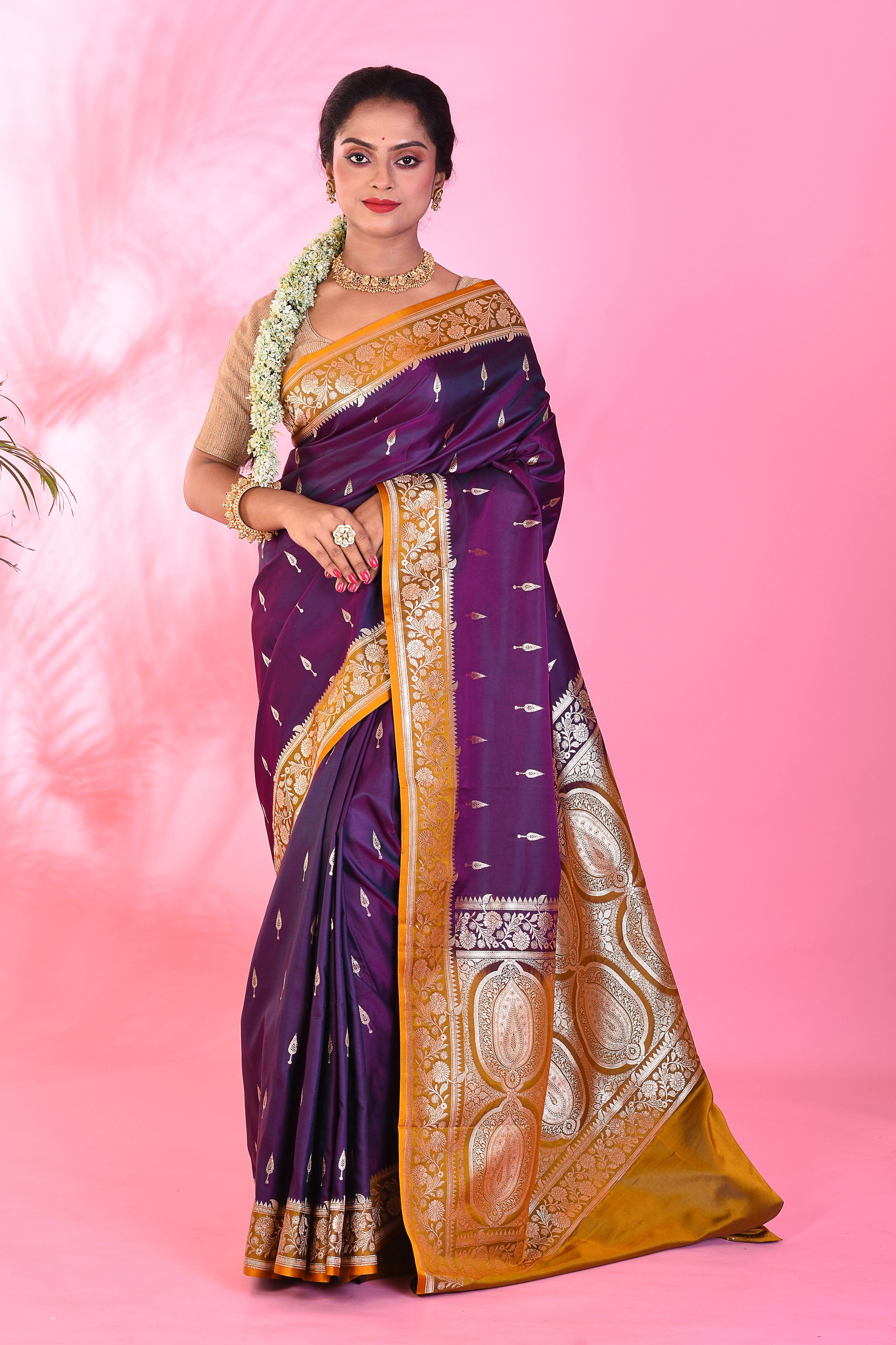 Purple and Yellow Blended Katan Saree - Keya Seth Exclusive