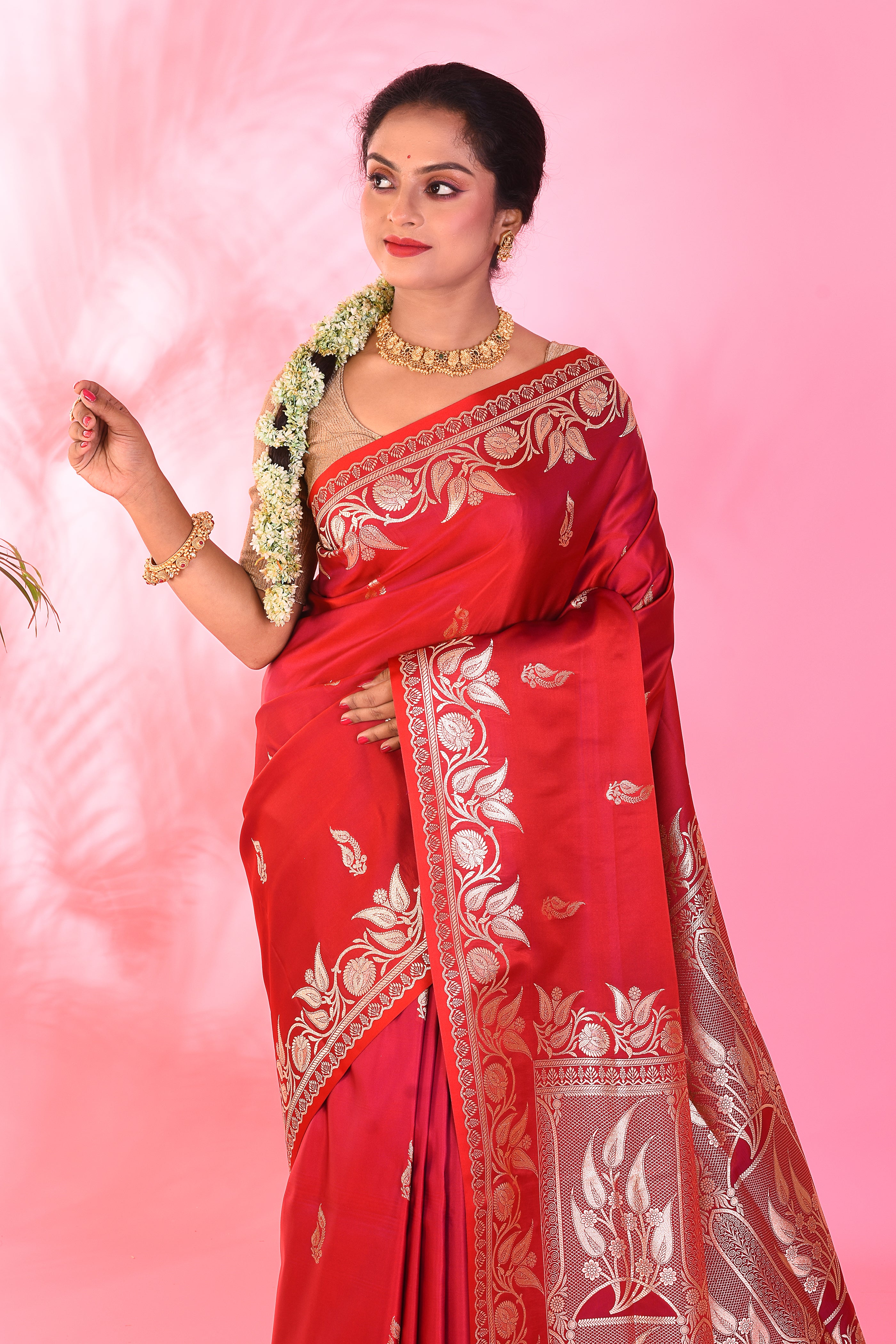 Red Blended Katan Saree - Keya Seth Exclusive