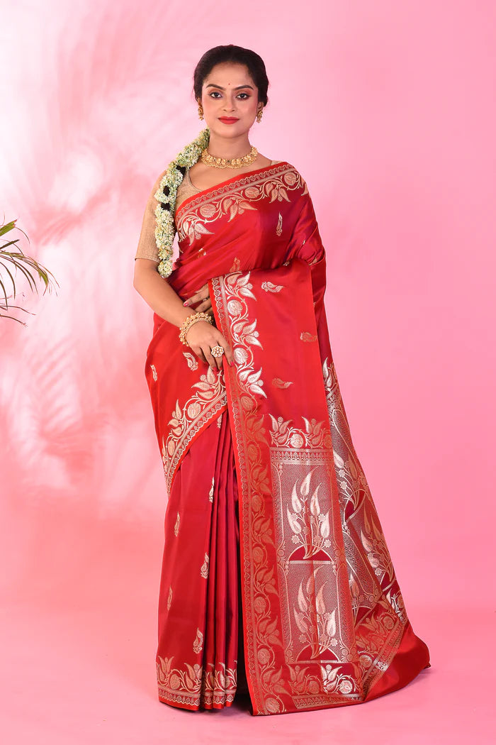 Red Blended Katan Saree - Keya Seth Exclusive
