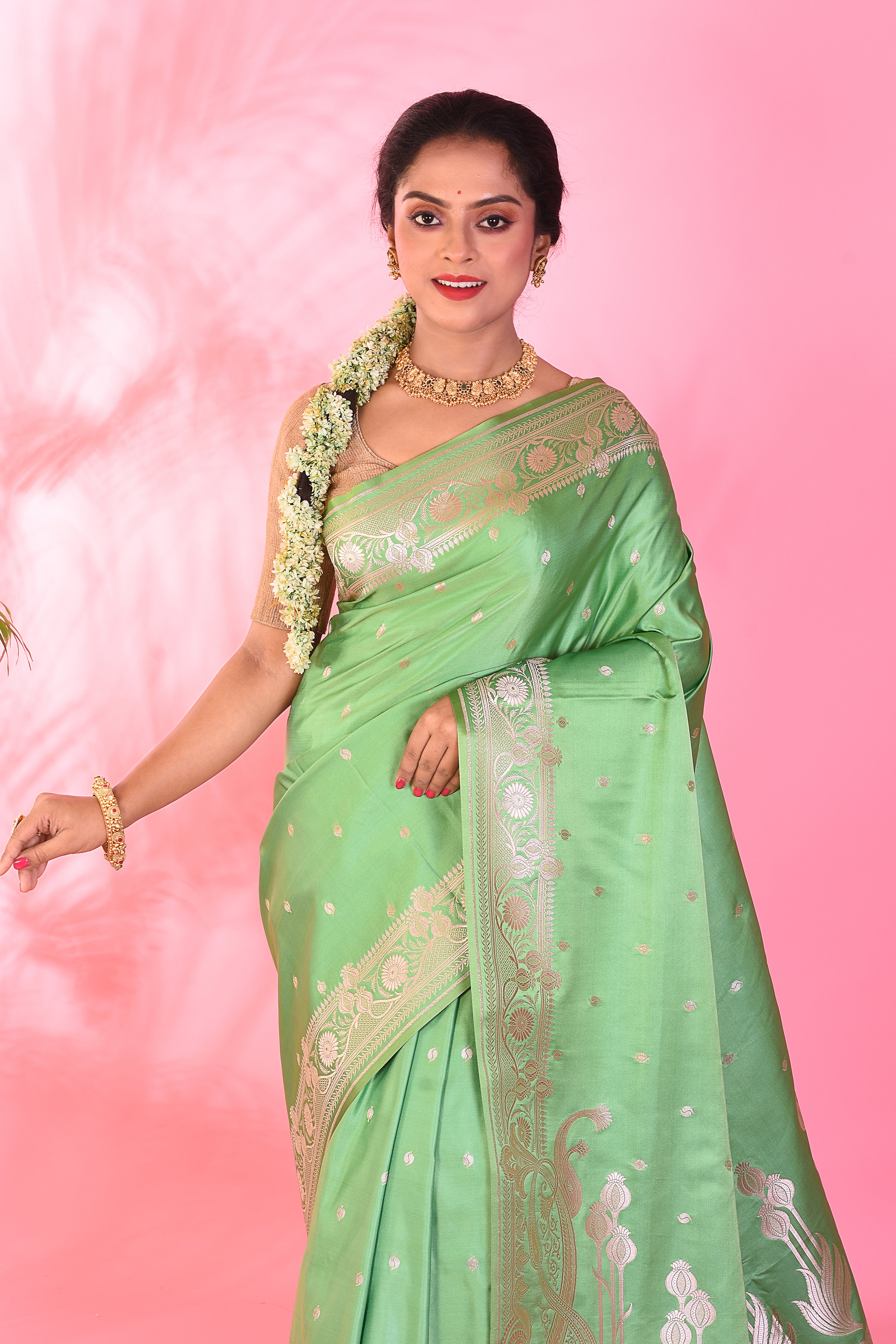Light Green Blended Katan Saree - Keya Seth Exclusive