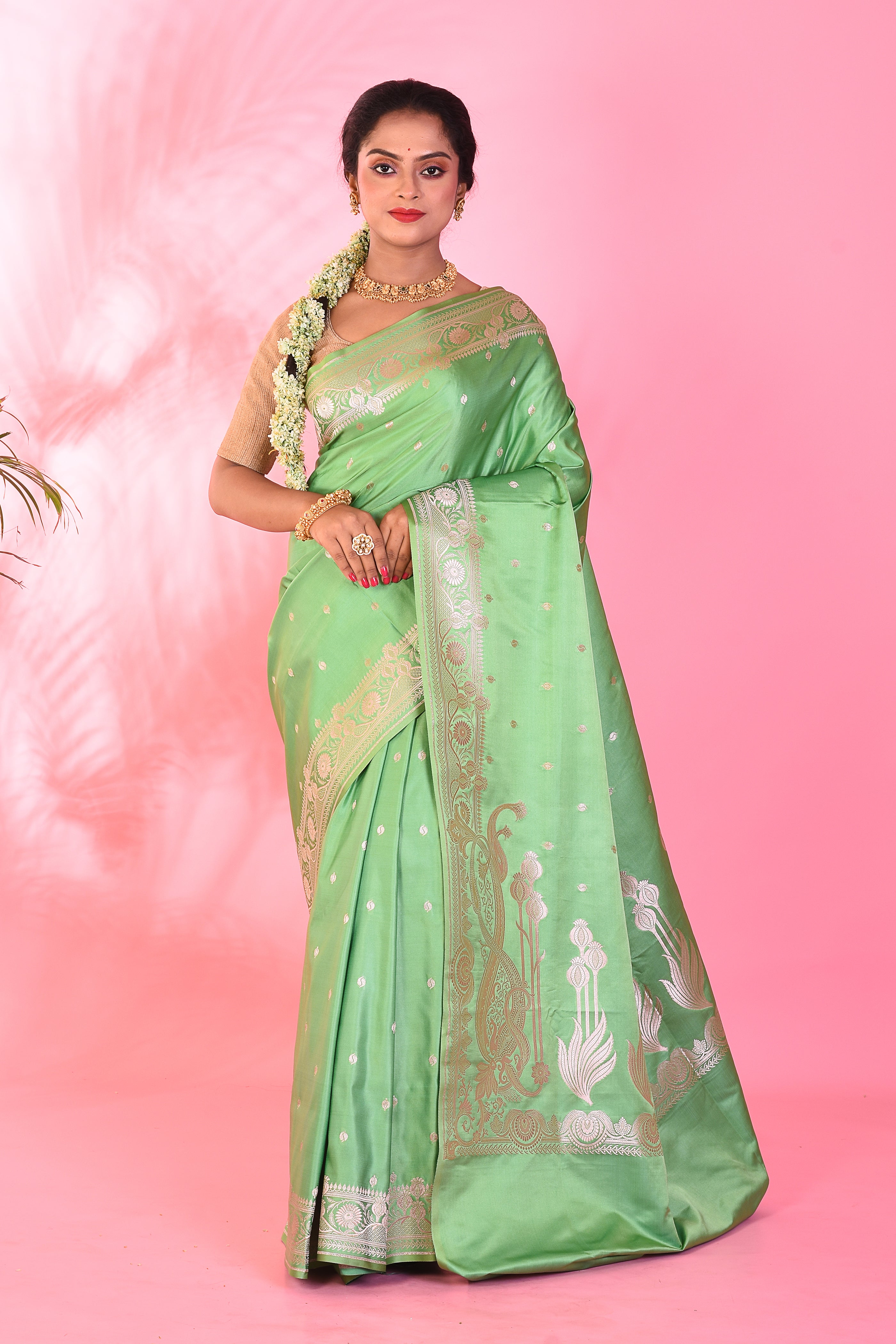 Light Green Blended Katan Saree - Keya Seth Exclusive