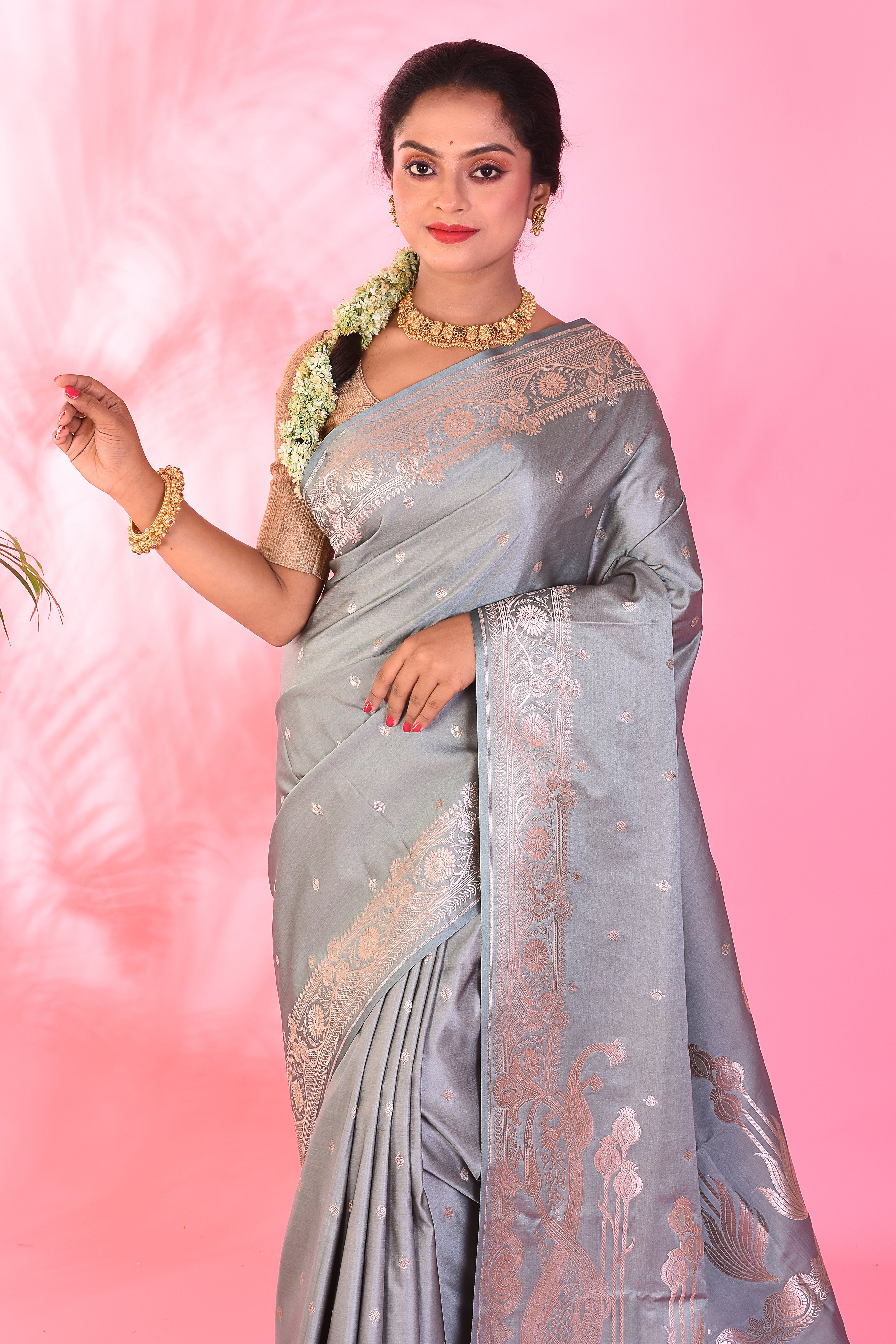 Grey Blended Katan Saree - Keya Seth Exclusive