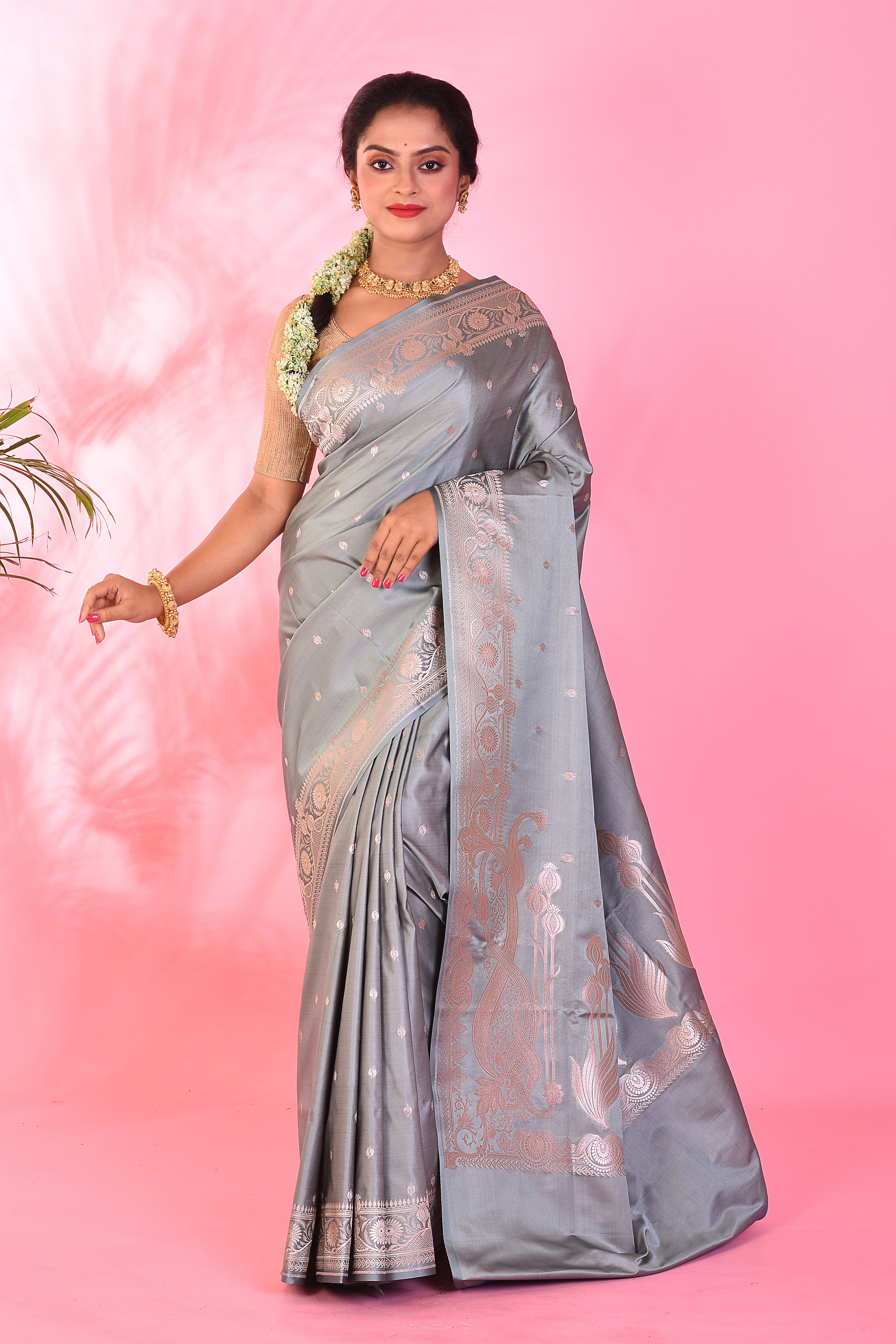 Grey Blended Katan Saree - Keya Seth Exclusive