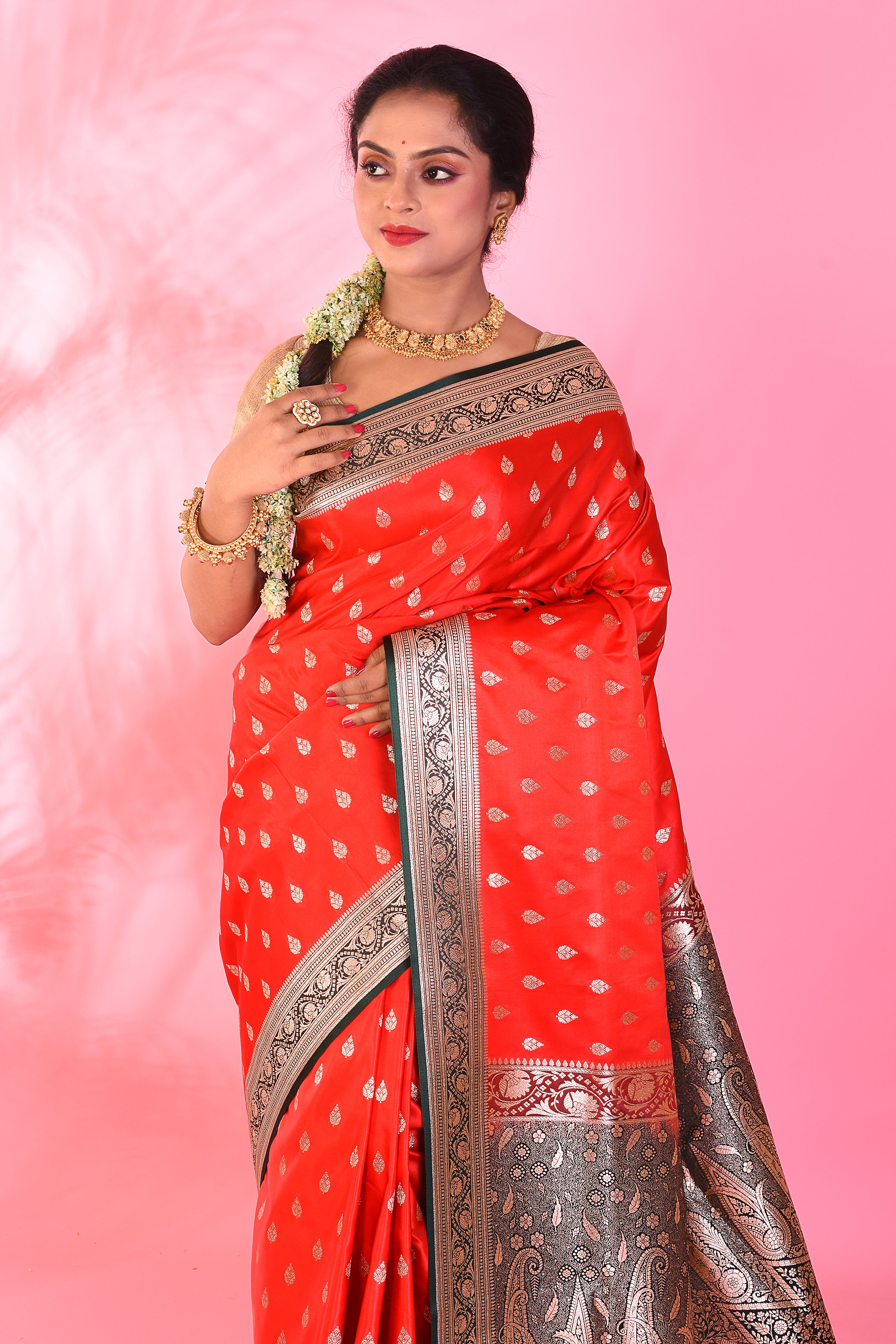 Red and Black Blended Katan saree - Keya Seth Exclusive