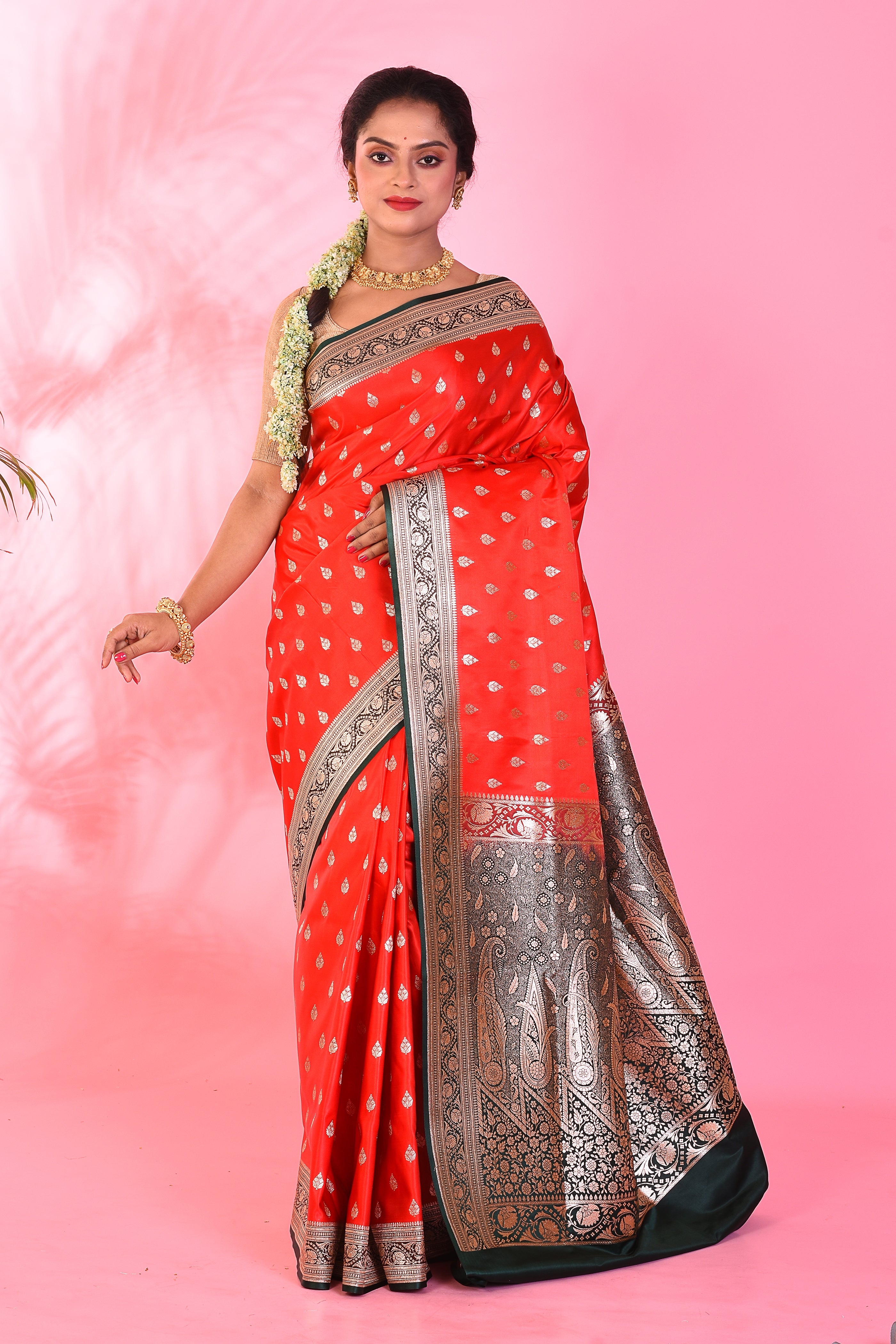 Red and Black Blended Katan saree - Keya Seth Exclusive