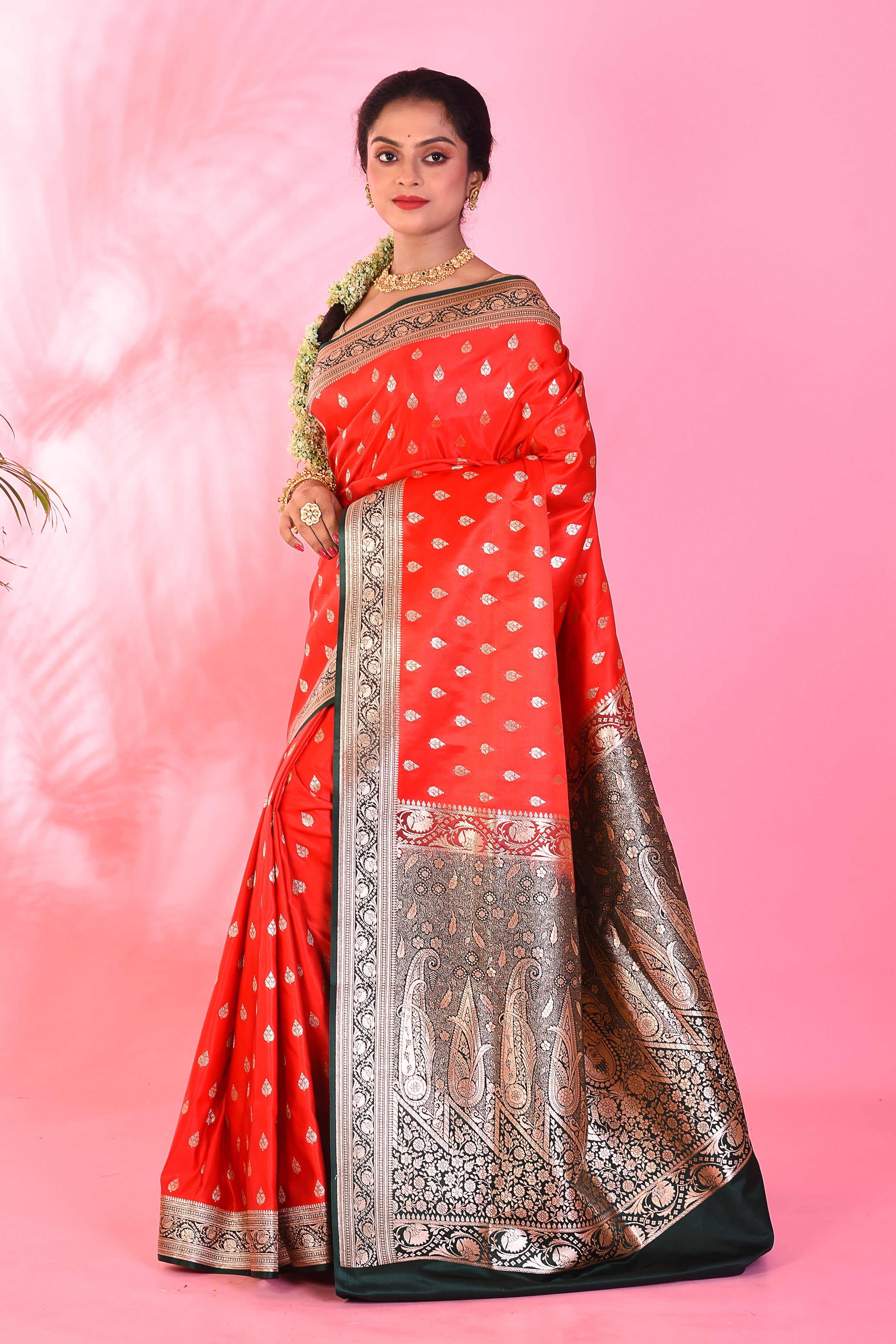 Red and Black Blended Katan saree - Keya Seth Exclusive