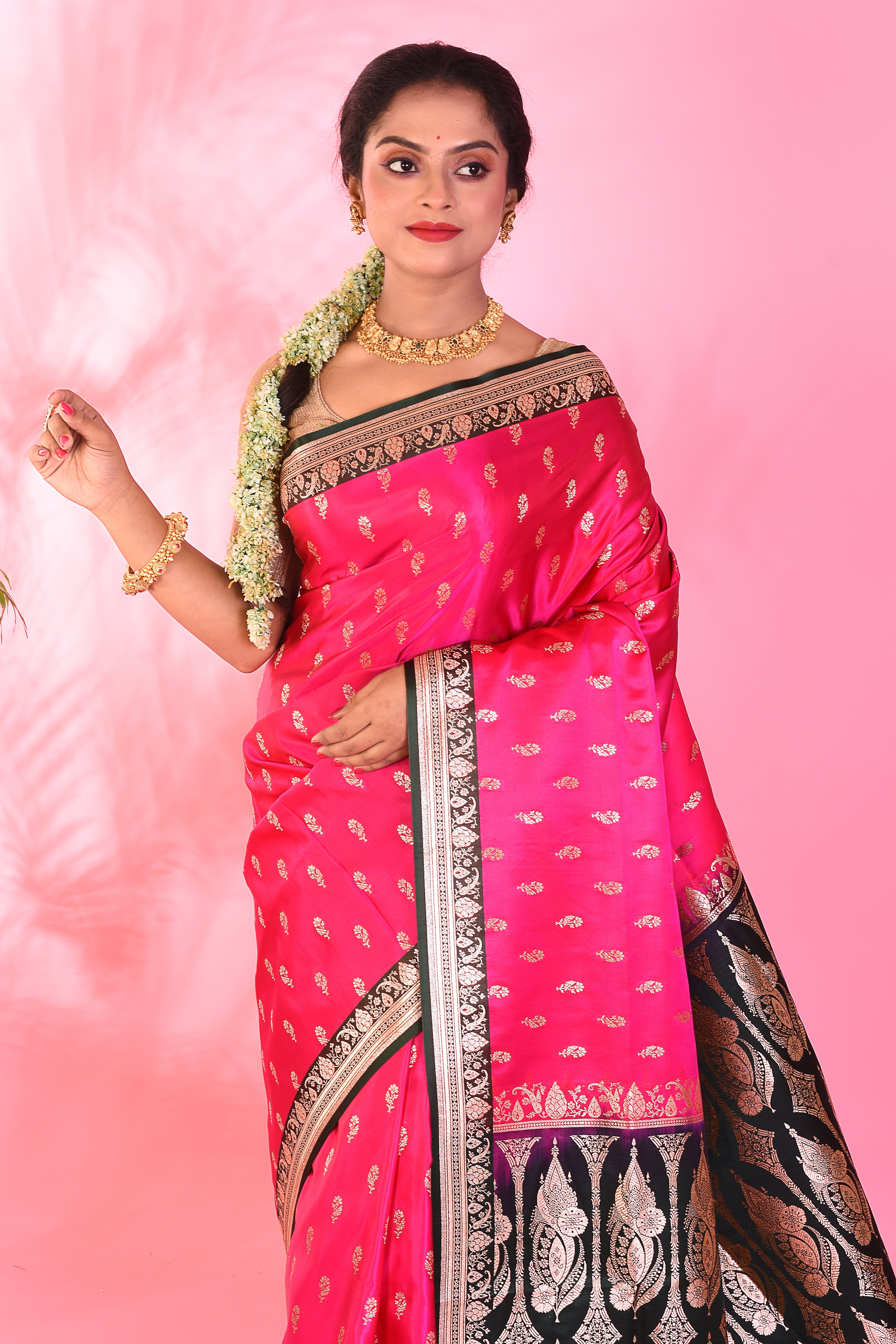 Rani and Black Blended Katan Saree - Keya Seth Exclusive