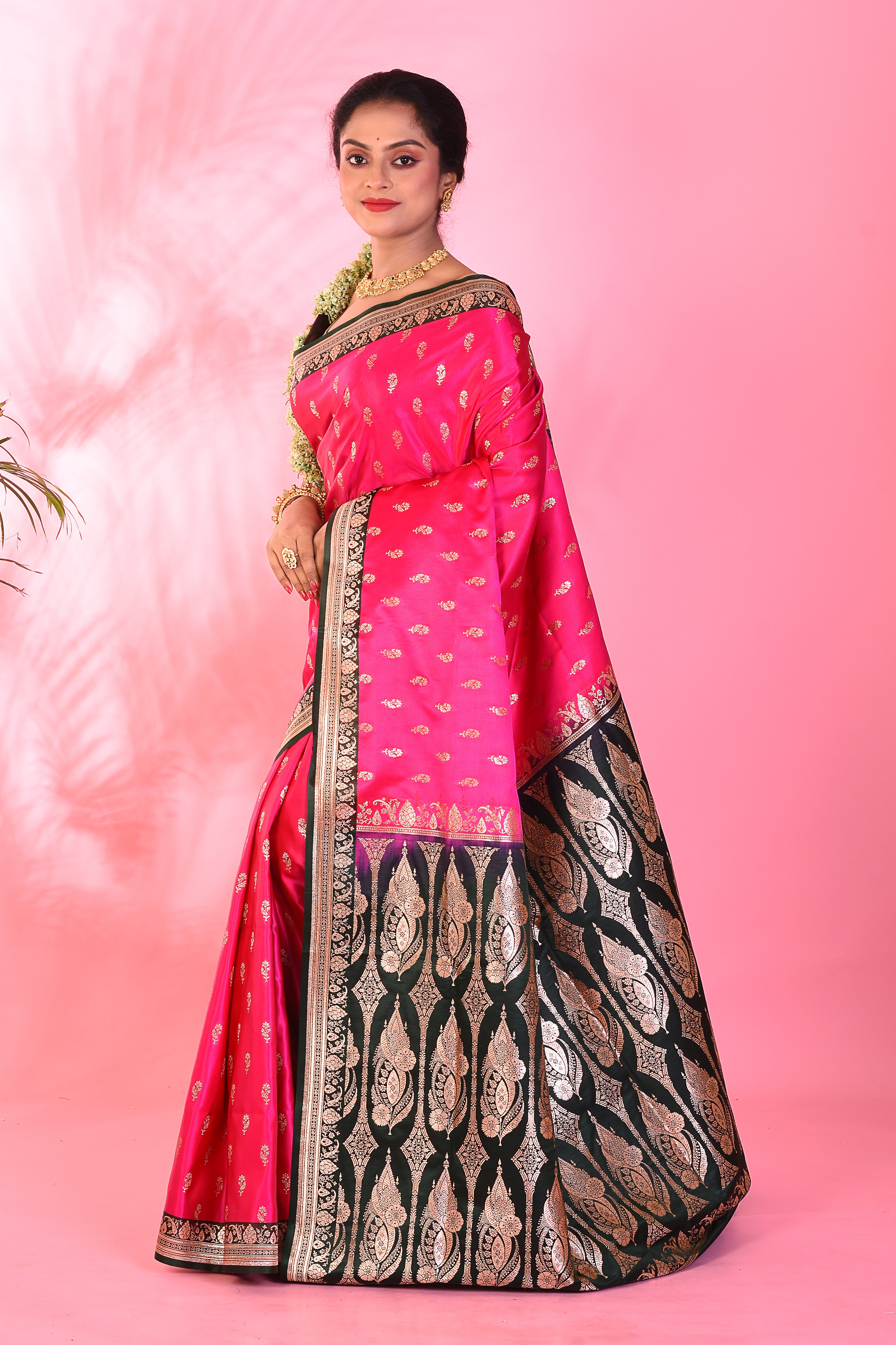 Rani and Black Blended Katan Saree - Keya Seth Exclusive