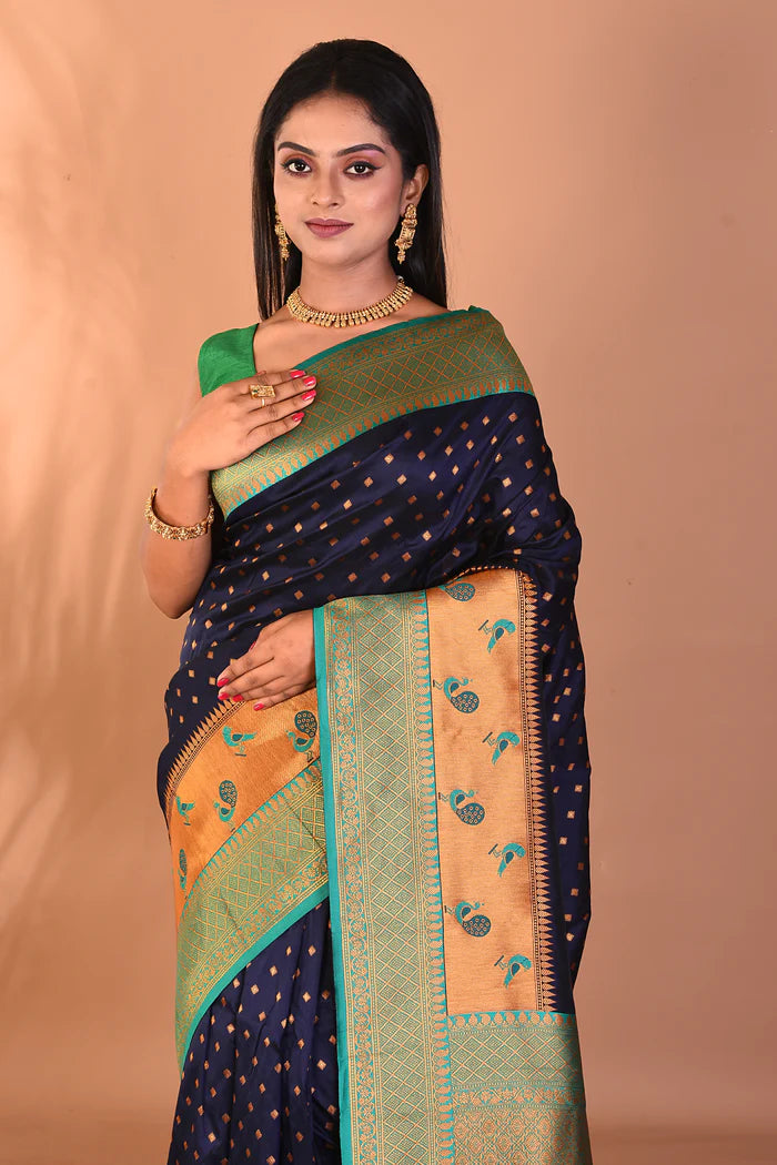 Navy Blue Blended Paithani Silk Saree - Keya Seth Exclusive
