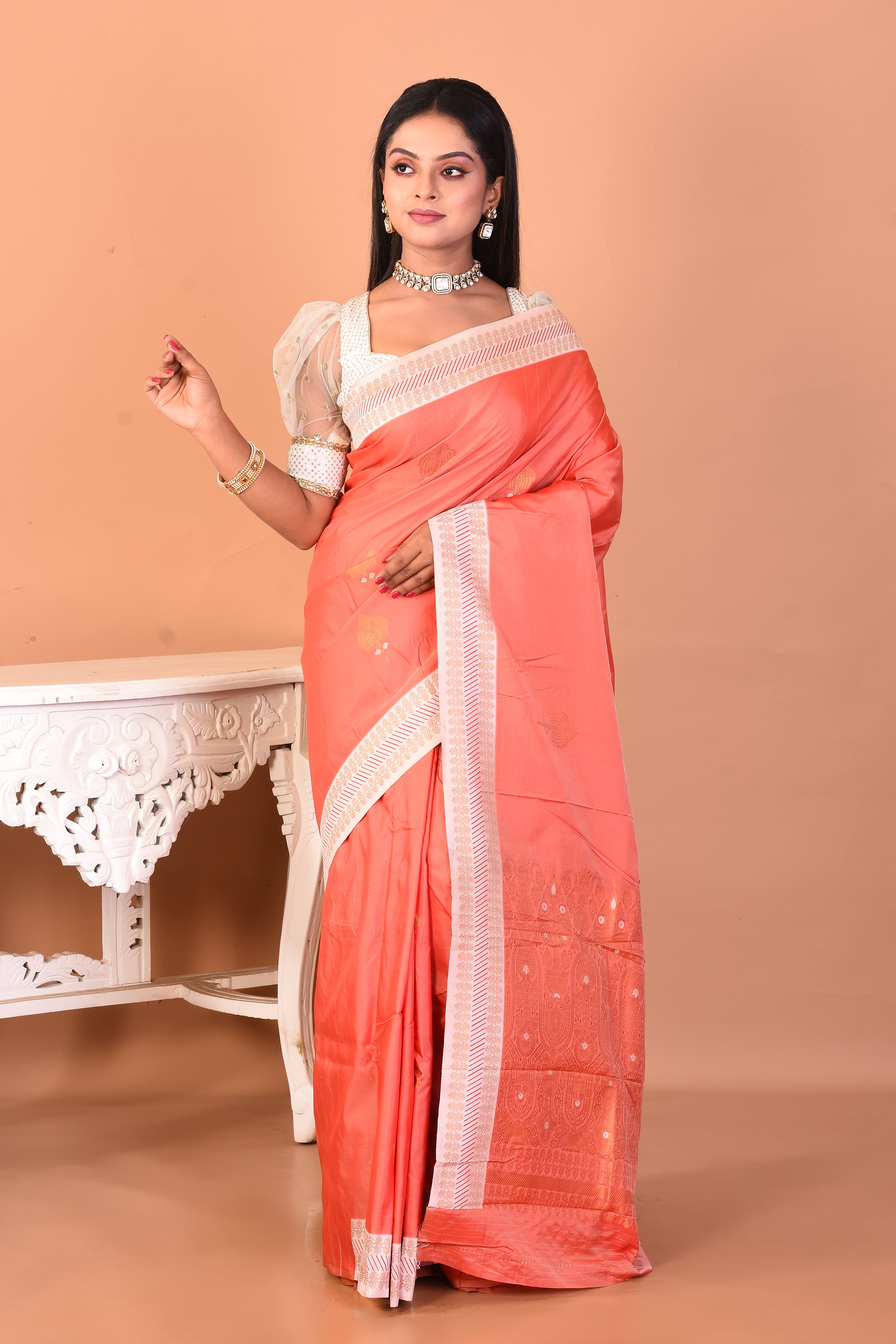 Peach Blended Katan Silk Saree - Keya Seth Exclusive