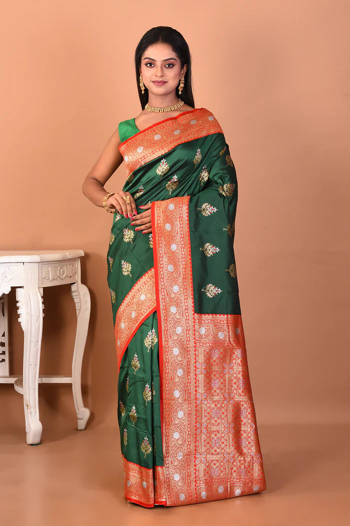Dark Green Blended Katan Silk Saree - Keya Seth Exclusive