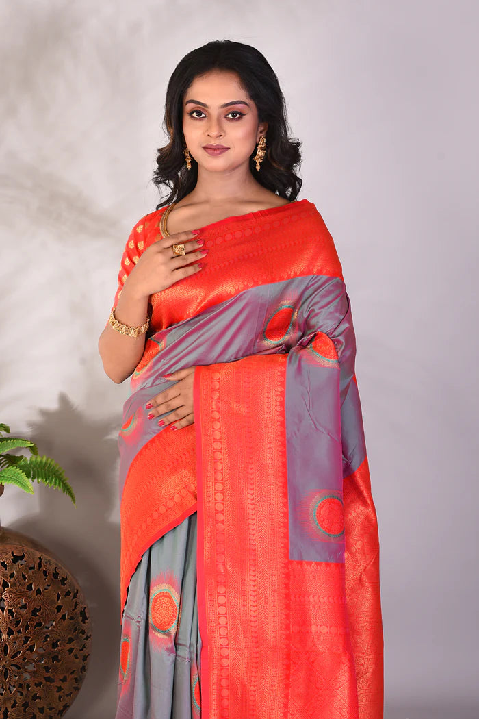 Dual Tone Grey Blended Mushroo Silk Saree - Keya Seth Exclusive