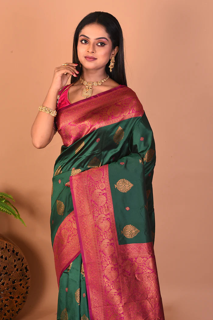 Deep Green Blended Katan Silk Saree - Keya Seth Exclusive