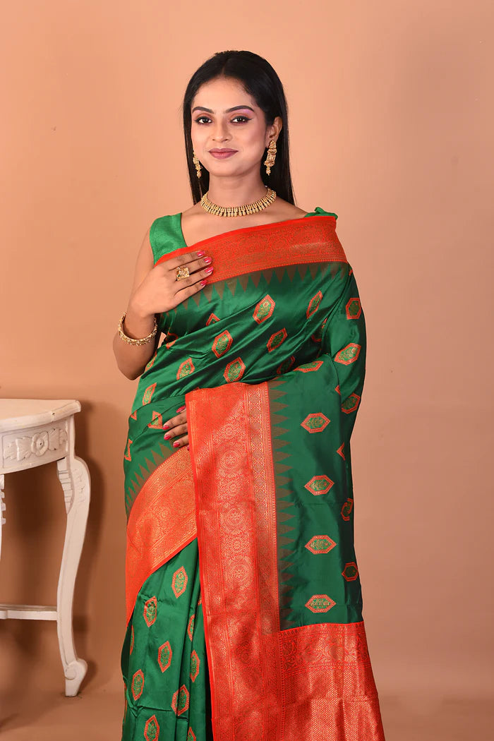 Bottle Green Blended Katan Silk Saree - Keya Seth Exclusive