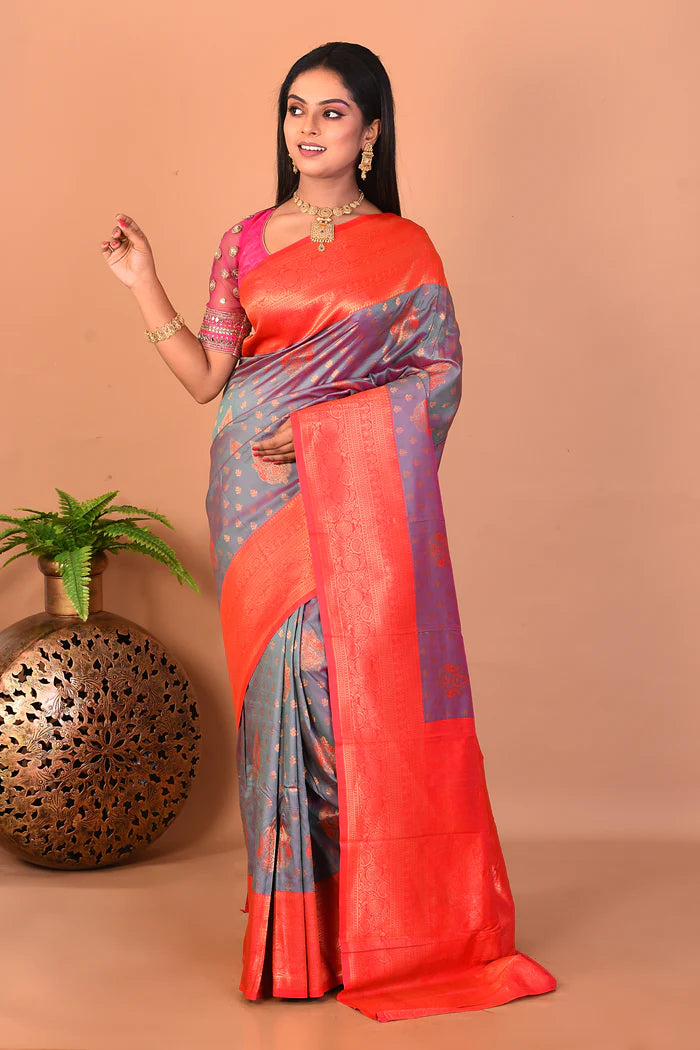 Dual Tone Grey Blended Katan Silk Saree - Keya Seth Exclusive