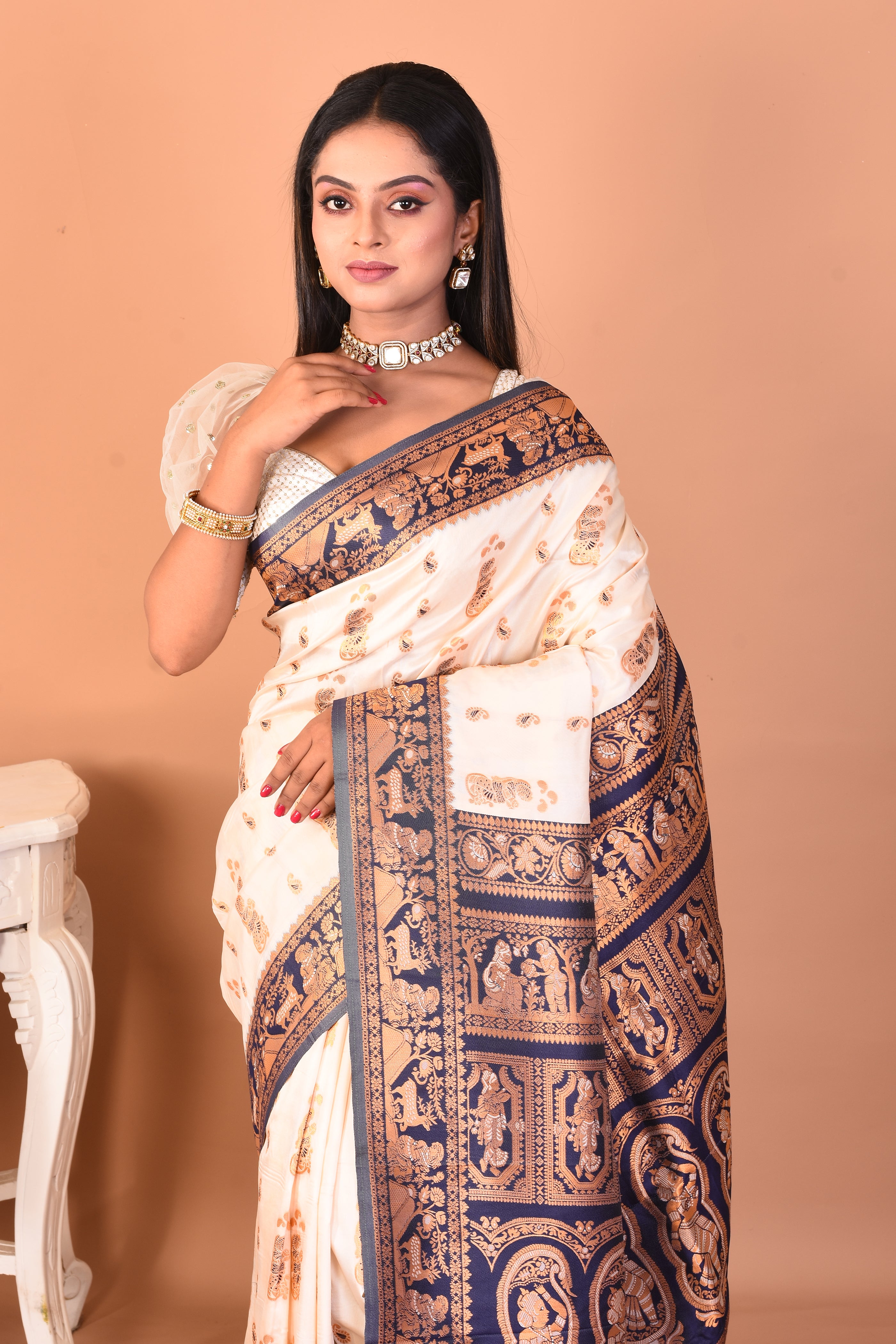 White Blended Baluchari Silk Saree - Keya Seth Exclusive