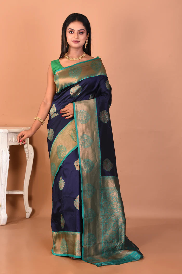 Navy Blue Blended Katan Silk Saree - Keya Seth Exclusive