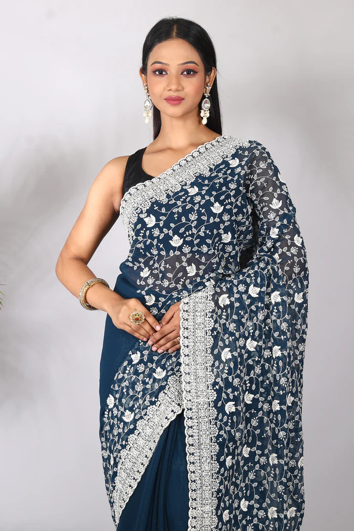 Prussian Blue Blended Georgette Saree - Keya Seth Exclusive
