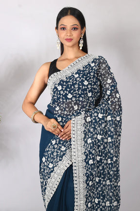 Prussian Blue Blended Georgette Saree - Keya Seth Exclusive