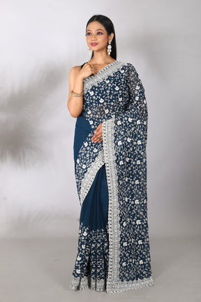 Prussian Blue Blended Georgette Saree - Keya Seth Exclusive