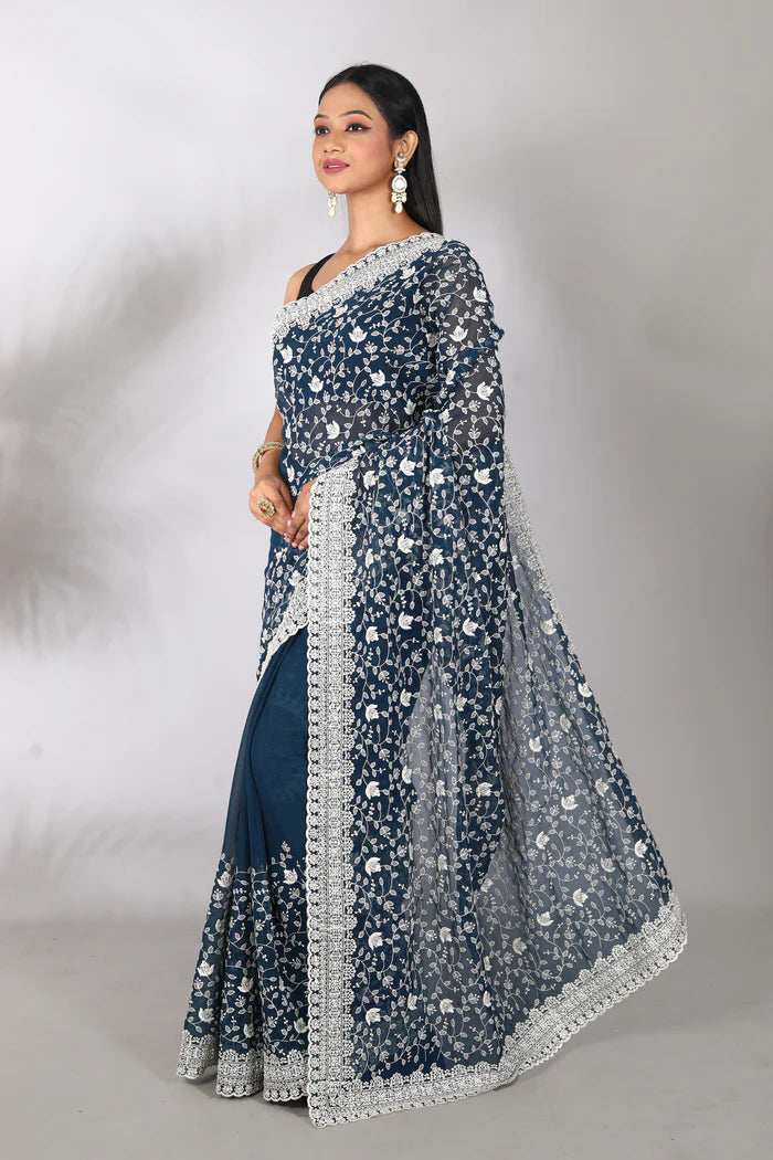 Prussian Blue Blended Georgette Saree - Keya Seth Exclusive