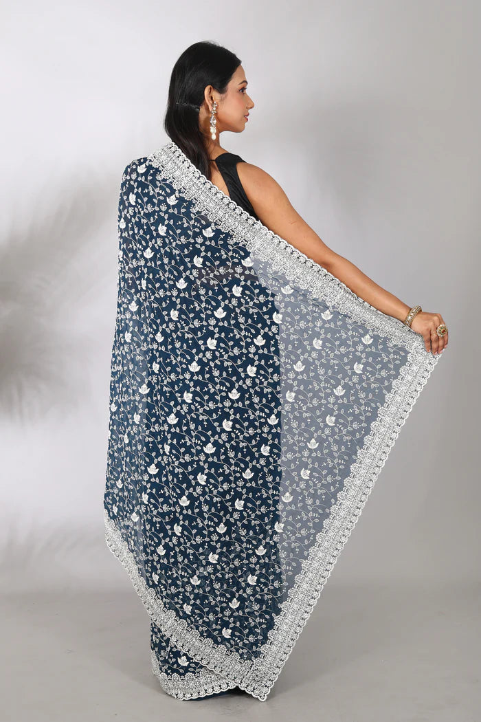Prussian Blue Blended Georgette Saree - Keya Seth Exclusive