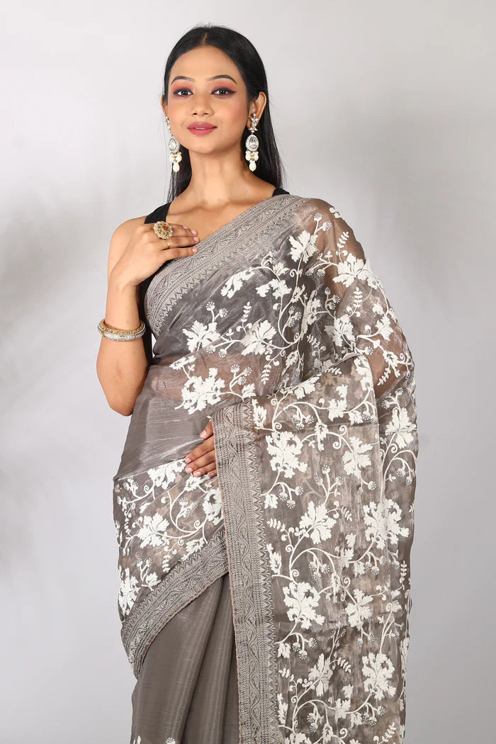 Grey Organza Blended Saree - Keya Seth Exclusive