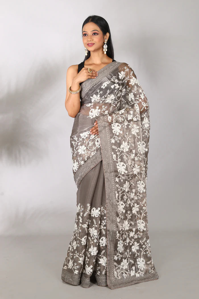 Grey Organza Blended Saree - Keya Seth Exclusive