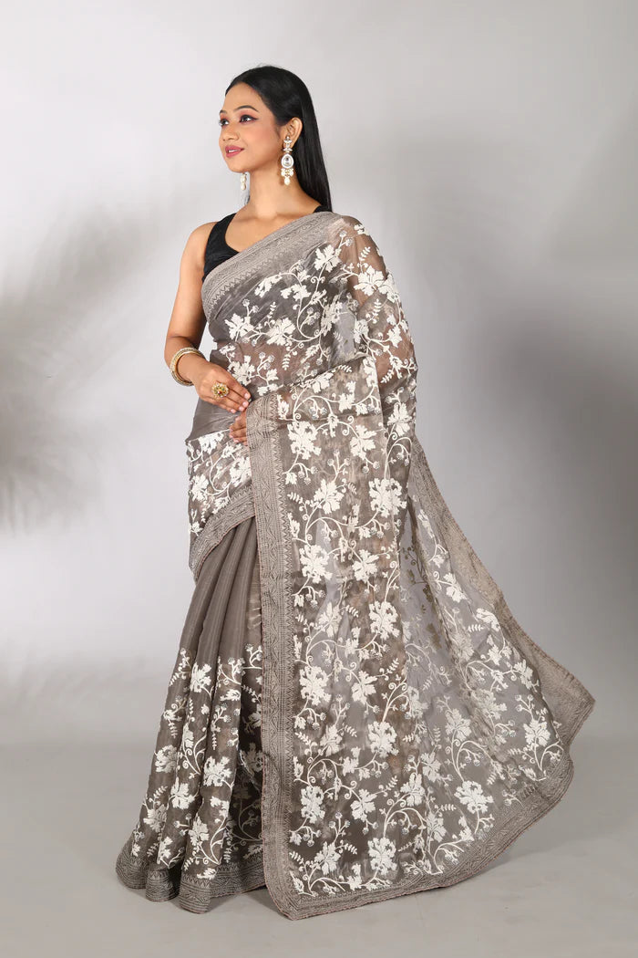 Grey Organza Blended Saree - Keya Seth Exclusive