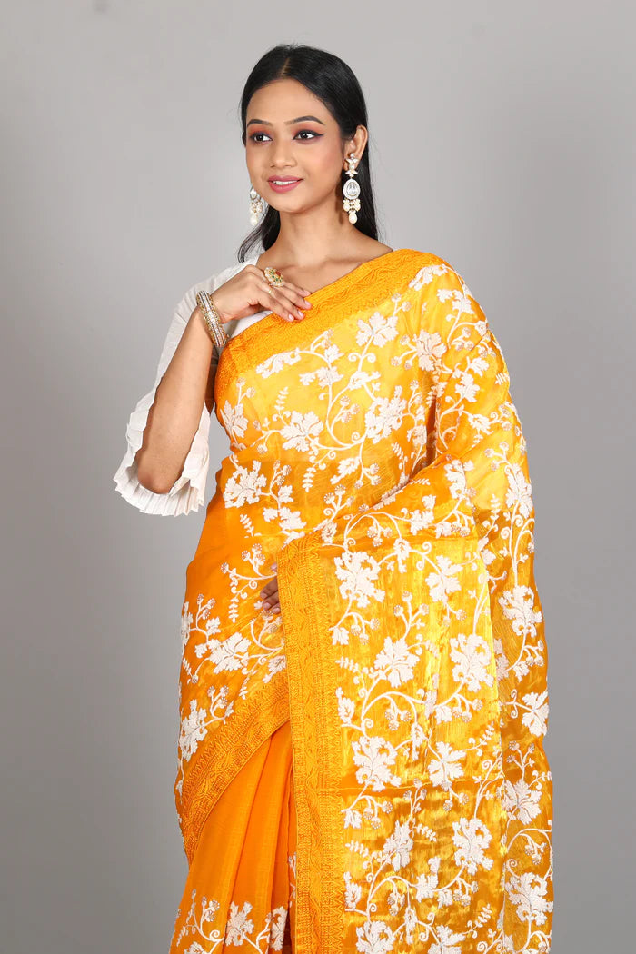 Mustard Blended Satin Silk Saree - Keya Seth Exclusive