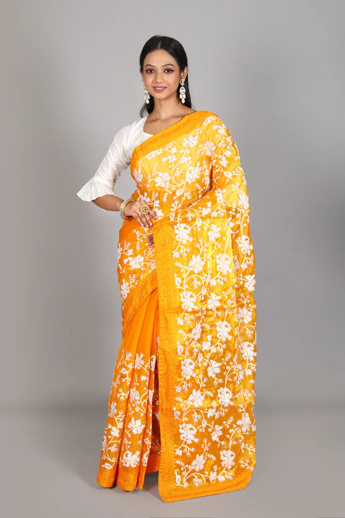 Mustard Blended Satin Silk Saree - Keya Seth Exclusive