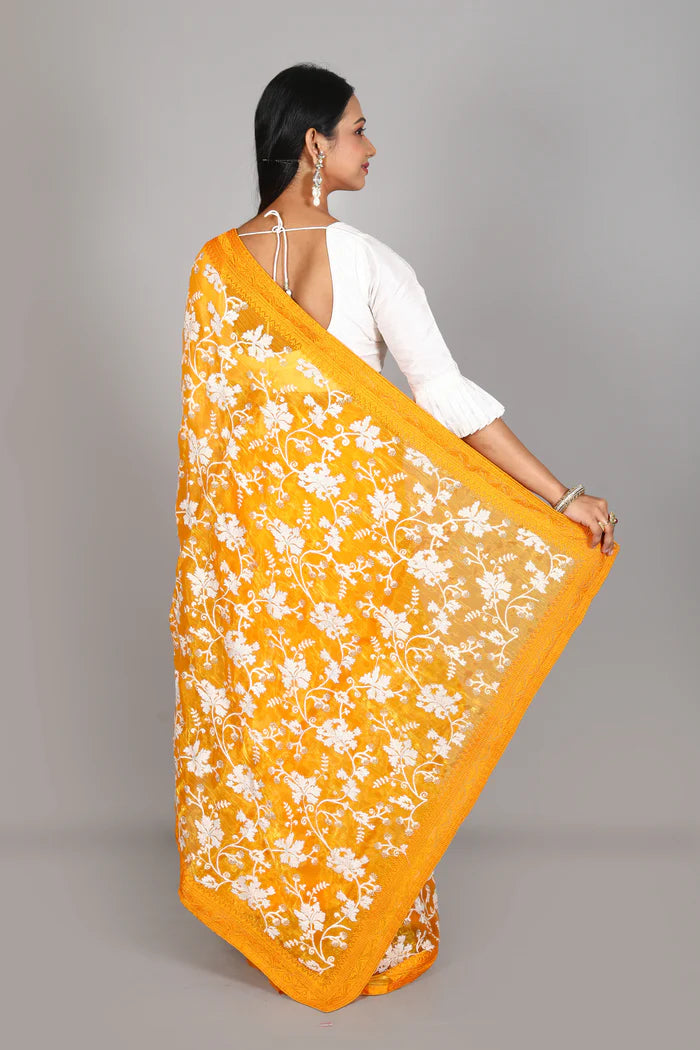 Mustard Blended Satin Silk Saree - Keya Seth Exclusive