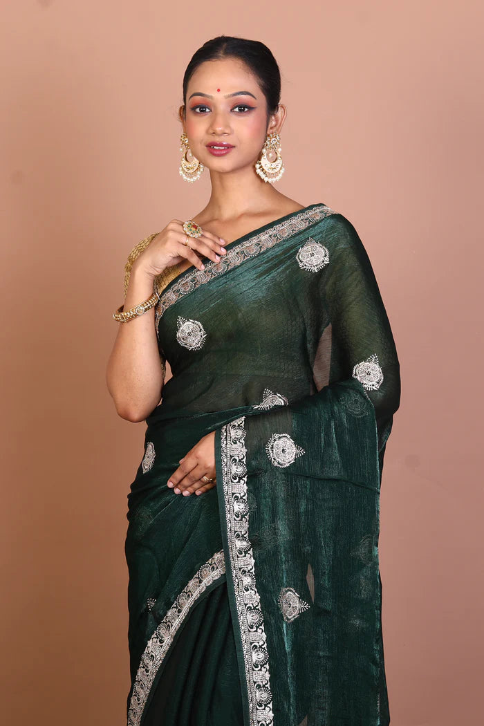 Dark Green Blended Georgettte Saree - Keya Seth Exclusive