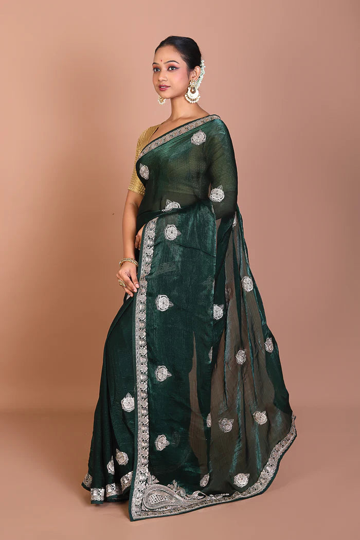 Dark Green Blended Georgettte Saree - Keya Seth Exclusive