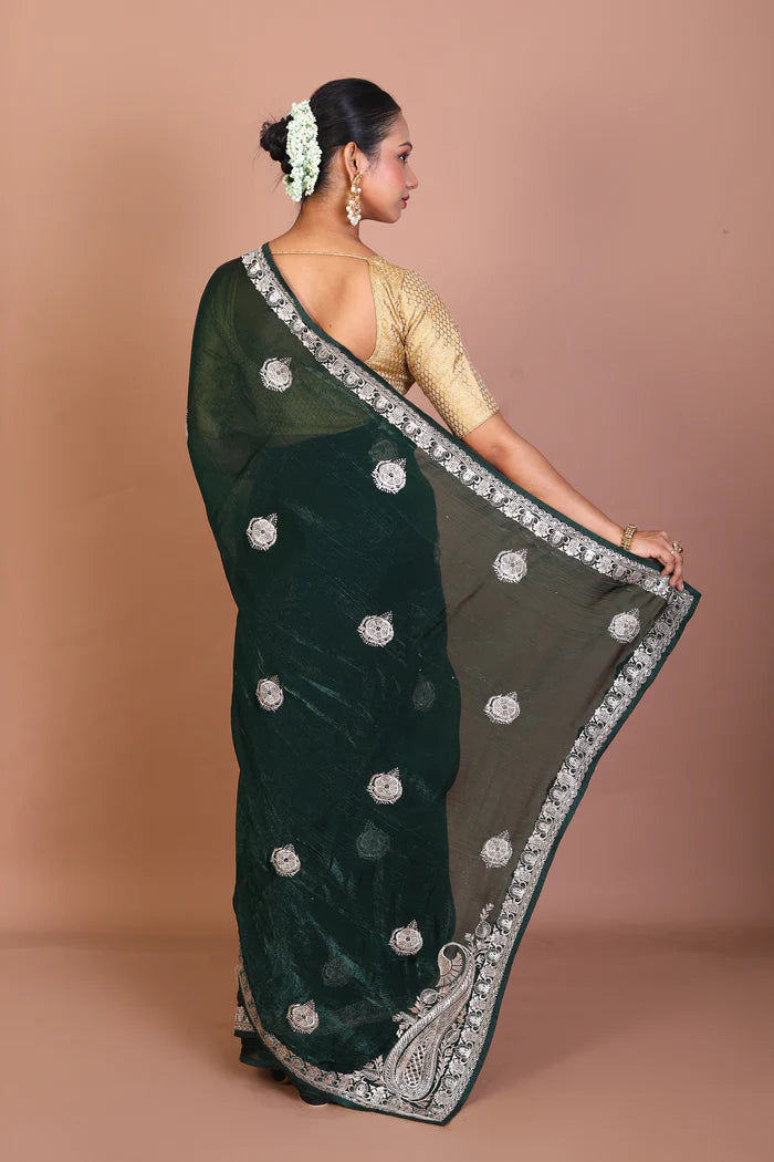 Dark Green Blended Georgettte Saree - Keya Seth Exclusive