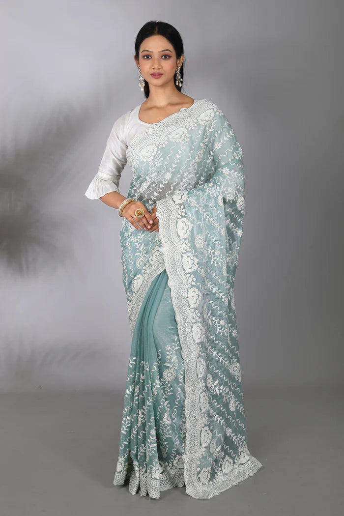 Sea Green Blended Georgette Saree - Keya Seth Exclusive
