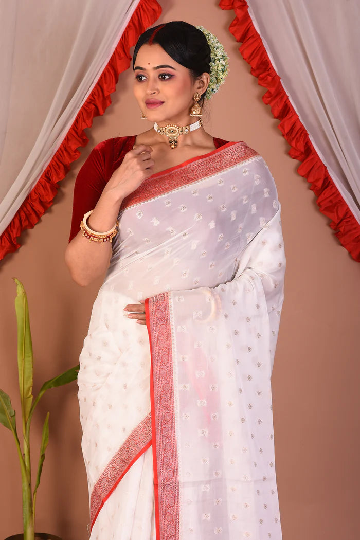 White Blended Silk Saree - Keya Seth Exclusive