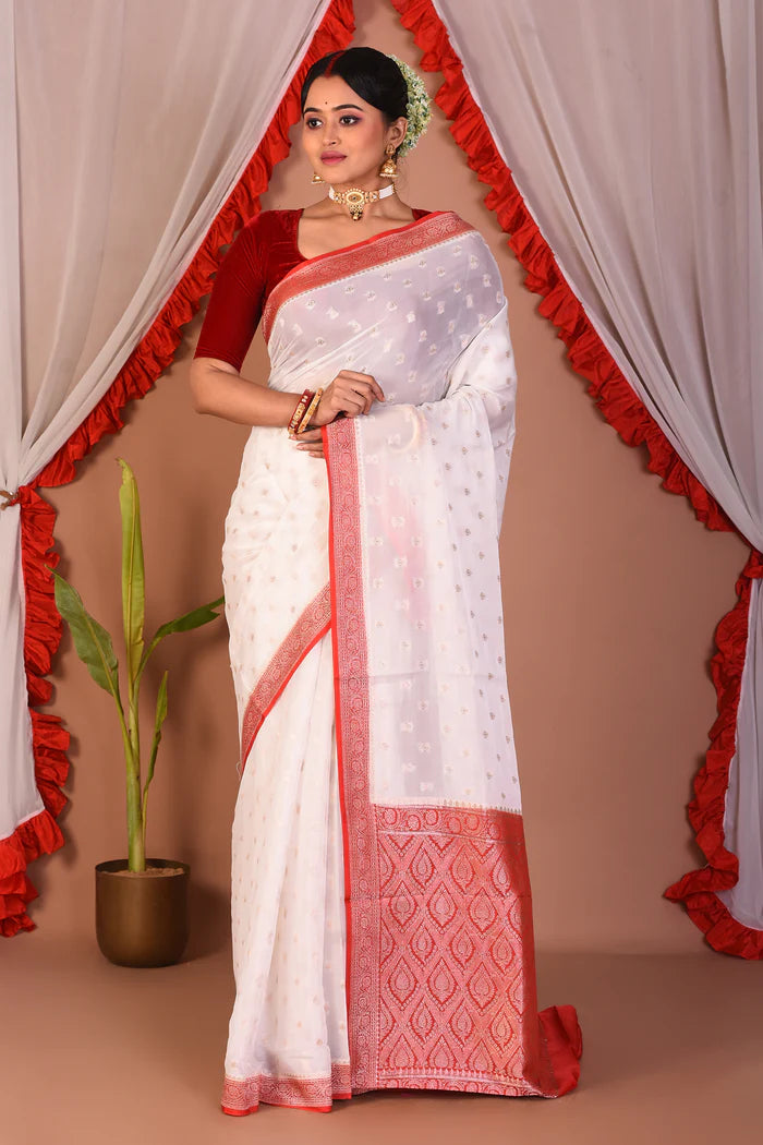 White Blended Silk Saree - Keya Seth Exclusive