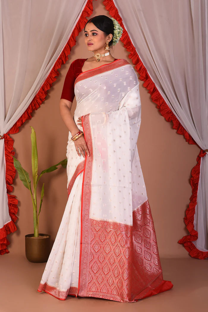 White Blended Silk Saree - Keya Seth Exclusive