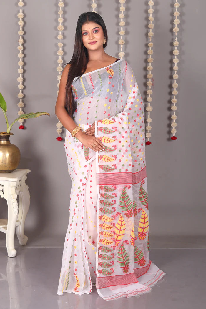 White Cotton Jamdani Saree - Keya Seth Exclusive