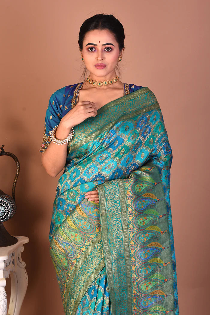 Sea Green Blended Printed Silk Saree - Keya Seth Exclusive