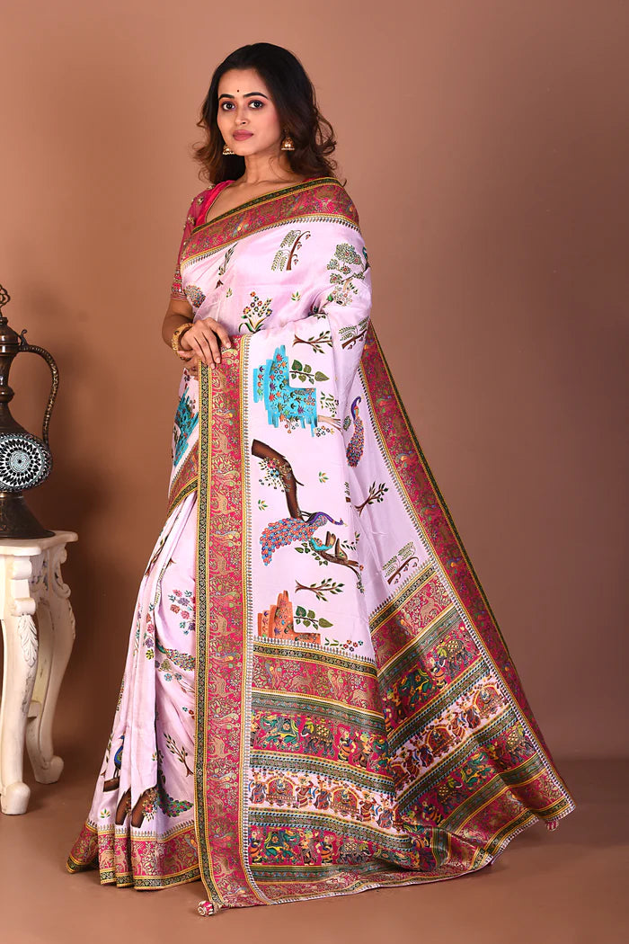 Light Pink Blended Printed Silk Saree - Keya Seth Exclusive