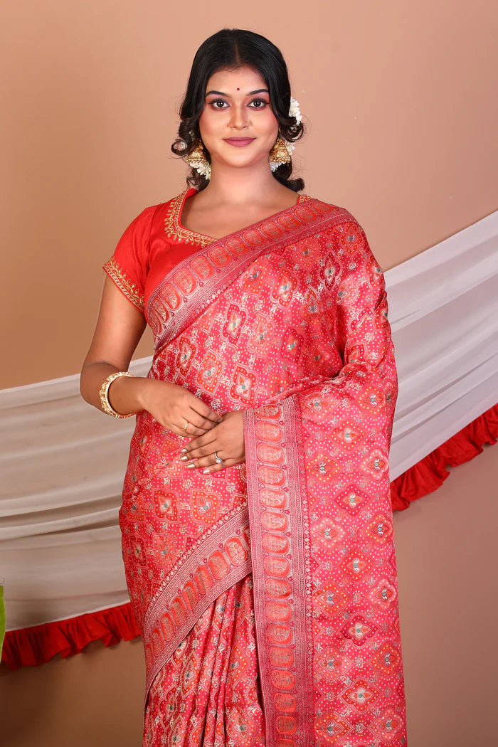 Red Blended Printed Silk Saree - Keya Seth Exclusive