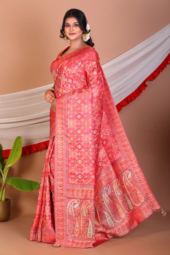 Red Blended Printed Silk Saree - Keya Seth Exclusive