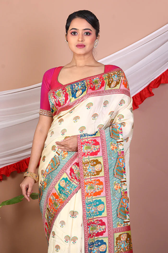 Offwhite Printed Silk Saree - Keya Seth Exclusive