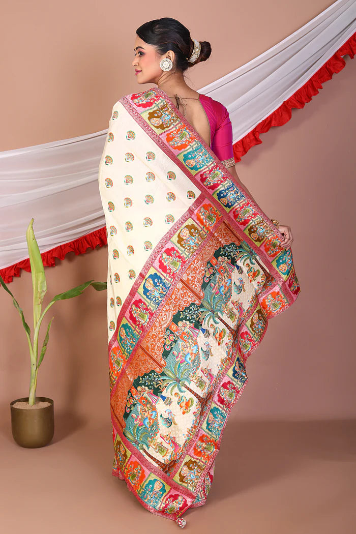 Offwhite Printed Silk Saree - Keya Seth Exclusive
