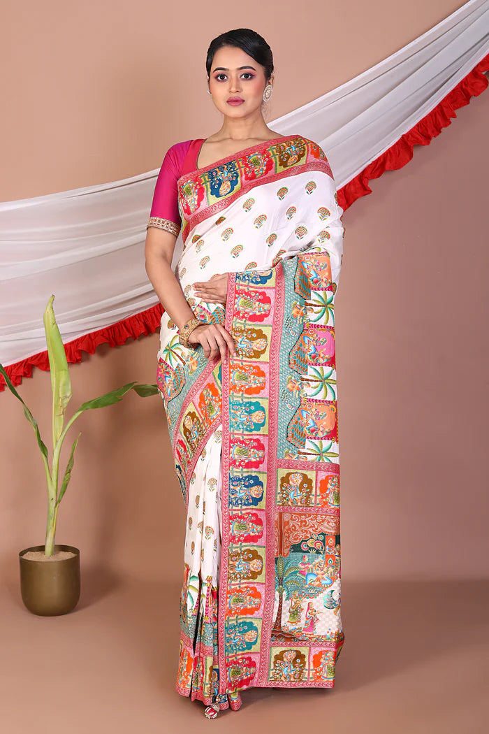 White Printed Silk Saree - Keya Seth Exclusive