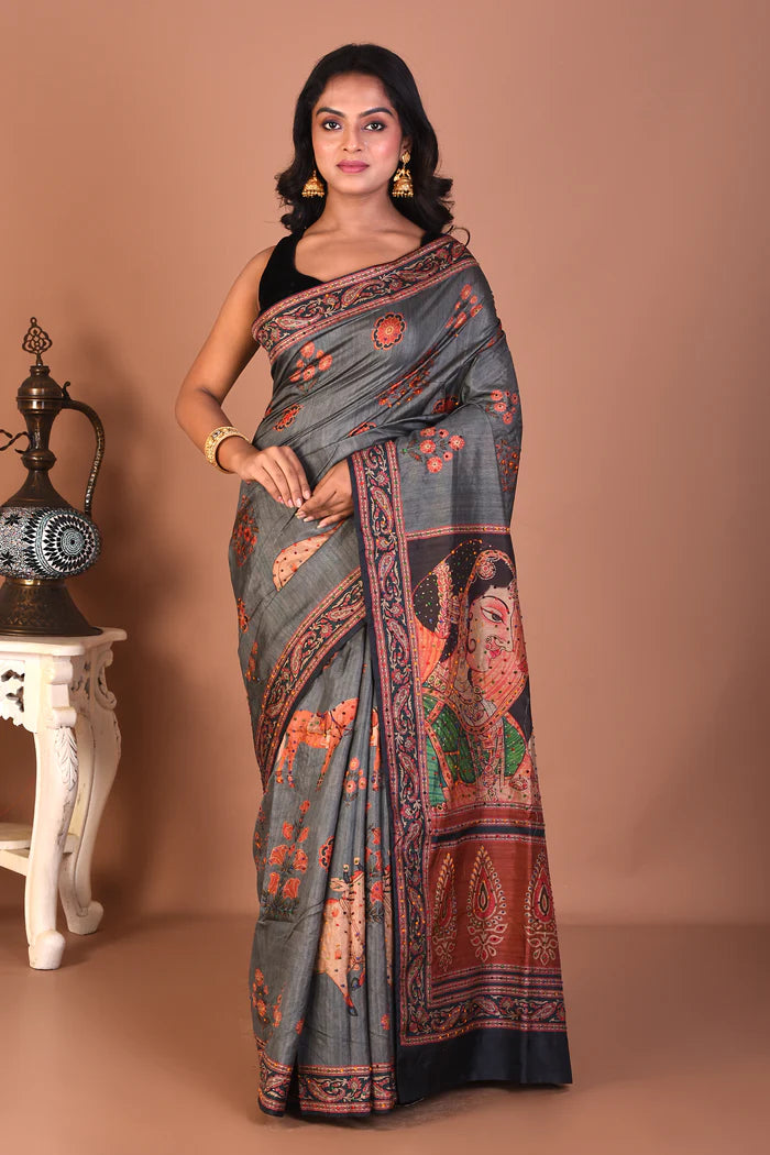 Grey Blended Printed Silk Saree - Keya Seth Exclusive
